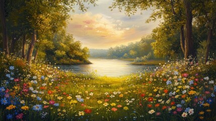 Obraz premium Enchanting riverside meadow bursting with wildflowers and tranquil waterscape