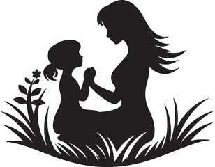 silhouette design of mother and daughter sitting on grass icon vector art illustration