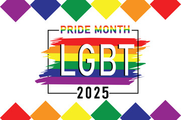 HAPPY PRIDE MONTH 2024  rainbow colors with texts 'Pride Month 2025, concept for respecting and supporting the diversity of LGBTQ+ genders in pride month.