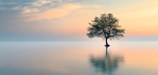 Fototapeta premium Serene sunrise landscape. Single tree reflected in calm water. Peaceful, tranquil nature scene.