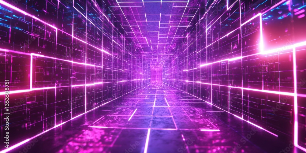 Wall mural a neon grid tunnel pulling the viewer into a digital void