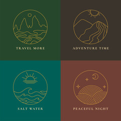 Minimalist Line Art Nature and Travel Icons – Adventure, Ocean, and Night Landscape Set