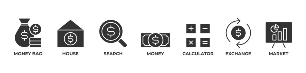 Money Bag to Market Icons set vector illustration with Money bag, House, Search, Money, Calculator, Exchange, Market