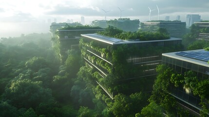 Futuristic green buildings surrounded by lush vegetation and wind turbines in a serene landscape.