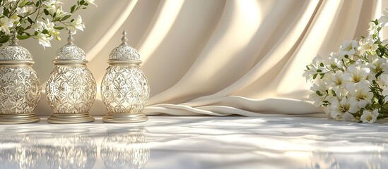 Three decorative ornate vases with flowers and draped fabric in sunlight