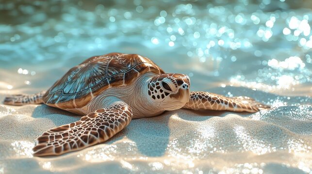 Realistic sea turtle resting on sandy beach with shimmering water in the background during golden hour light