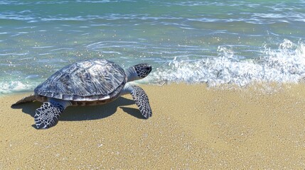 Sea Turtle Crawling on Sandy Beach Near Gentle Waves Under Bright Blue Sky with Scattered Clouds in Coastal Paradise