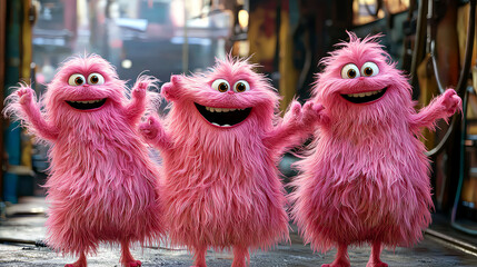 Fototapeta premium Three Pink Fluffy Cartoon Monsters: Joyful, Playful, and Adorable