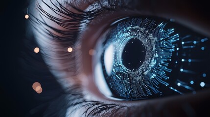 eye Surveillance and Security All seeing eye symbol with digital circuits and glowing lines, cybersecurity and data protection concept