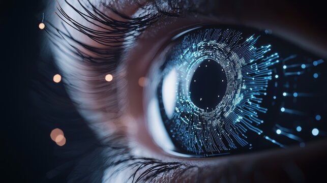 eye Surveillance and Security All seeing eye symbol with digital circuits and glowing lines, cybersecurity and data protection concept