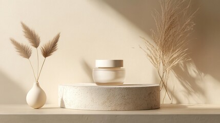 Cream jar on podium, sunlight, beige background, aesthetic display, still life
