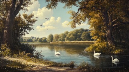 Obraz premium Idyllic riverside scene featuring swans gliding gracefully on calm waters