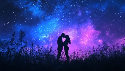 Fototapeta premium Silhouette of a couple kissing under a vibrant, starry night sky. Romantic scene with purple and blue hues, perfect for love, romance, and fantasy themes.