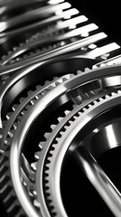 Close-up of shiny metallic gears arranged in a row, reflecting light on a dark industrial surface. Concept of mechanical engineering, machinery, and precision manufacturing.


