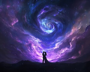 Fototapeta premium Silhouetted lovers entwined under a celestial sky, galaxies swirling above in rich purples and blues Wide-angle lens, dreamy focus, soft romantic hues