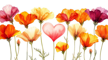 Naklejka premium Watercolor Poppies and Heart: Romantic Floral Illustration