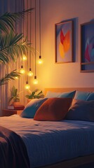 A cozy bedroom interior decorated with hanging lights and plants