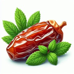 Artistic presentation of a succulent date fruit with vibrant green mint leaves