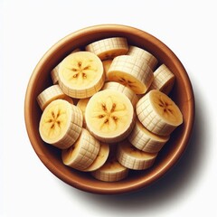 Artistic top view of a rustic bowl filled with sliced bananas on white background