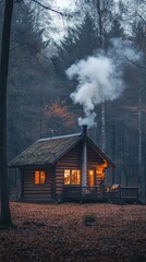 A small cabin in a forest with smoke rising from chimney