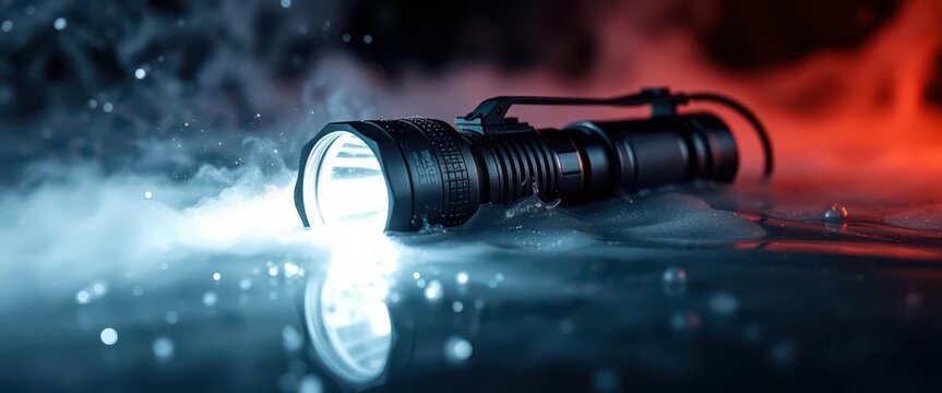 Rugged tactical flashlight submerged, water droplets, smoky background, night, water drops