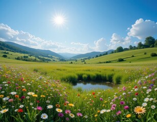 Fototapeta premium Serene Summer Meadow Landscape Vibrant Wildflowers Bloom in Sunny Valley