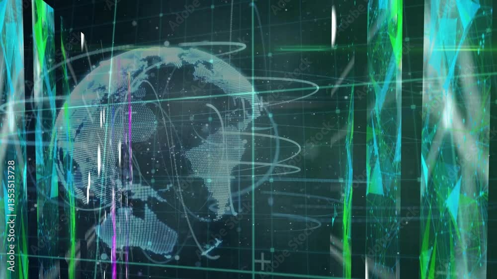 Poster digital globe with abstract patterns processing data over grid background animation
