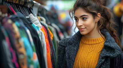 A young woman browsing through clothing on display racks