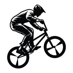Naklejka premium BMX rider Silhouette, Vector, Icon, Logo, White Background.