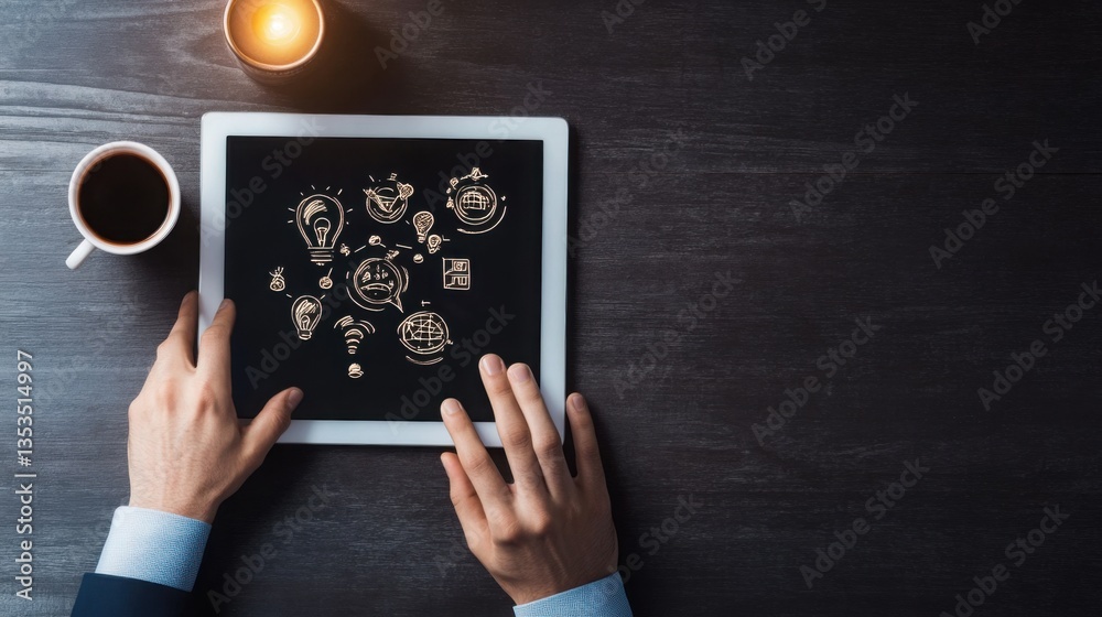 Aufkleber hands on tablet displaying crowdfunding icons on wooden table