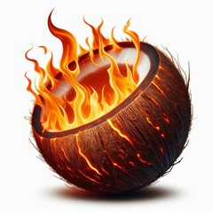 Flaming Coconut Shell: A Fiery Tropical Image with Intense Light Effects