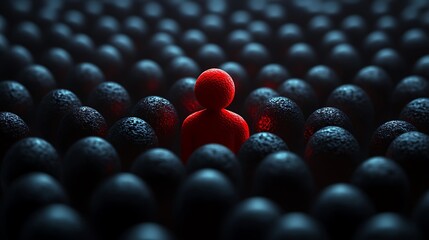 A red figure standing out from the crowd of gray people, symbolizing creativity and individuality in an atmosphere of solid dark spheres.