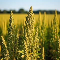  A field of quinoa plants with their unique, tall green stems and tiny seeds.