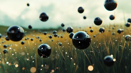 Mysterious Black Spheres Floating Over a Serene Grassland
