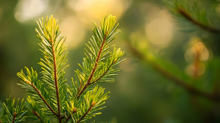 Close Up of Young Pine Branches with Green and Yellow Tips