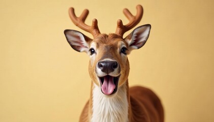 Close-up of joyful reindeer sticking out tongue playfully against neutral beige background, festive, close-up, playful