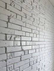 Fototapeta premium White painted brick wall with a slightly uneven texture, subtle cracks, and imperfections, creating a minimalist and modern industrial aesthetic. The soft lighting highlights the depth and structure o