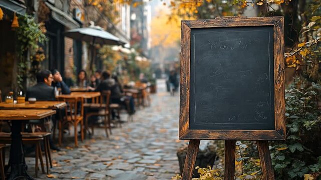 Outdoor cafe menu board autumnal city street scene