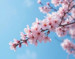Fototapeta premium Delicate Pink Cherry Blossoms Branch Against a Sunny Blue Sky Spring Floral Background Image