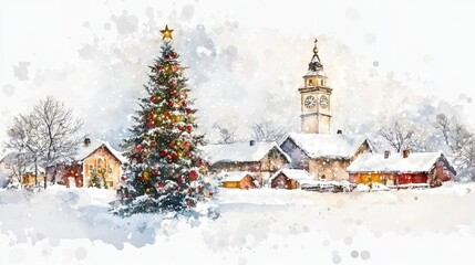 Obraz premium A Picturesque Christmas Village Scene: Snowy Houses, Illuminated Tree, and Church Tower