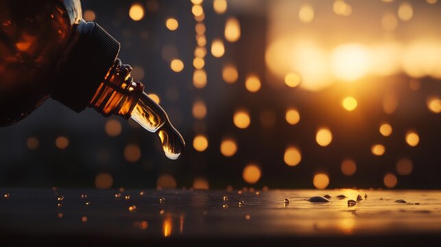 Golden elixir dripping from a dropper with warm bokeh light background