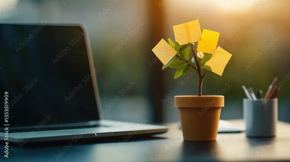Poster desk scene with sticky note tree and laptop in soft light