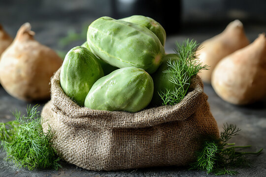  chayote in burlap sack