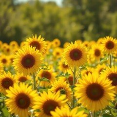 Fototapeta premium Golden sunflower field basking in bright summer sunlight, backdrop, growth, leaves