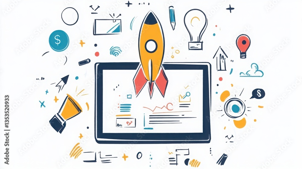 Poster minimalist digital sketch of startup launch plan with rocket