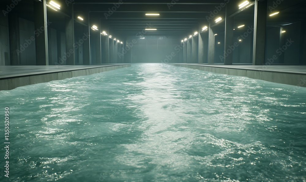 Aufkleber A serene indoor pool with calm water reflecting soft lighting in a minimalist environment.