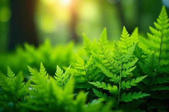 Close-up of lush green ferns under the sunlight, light, morning, foliage