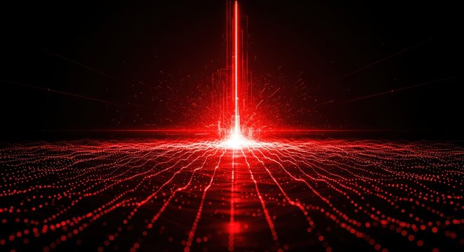 A red laser beam shooting up from a field of red dots in a dark abstract background scene design.