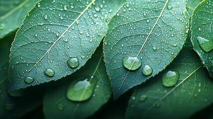 Fototapeta premium Green Leaves Water Droplets Nature Background