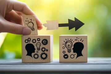 Hand placing idea block; concept of knowledge sharing and growth.